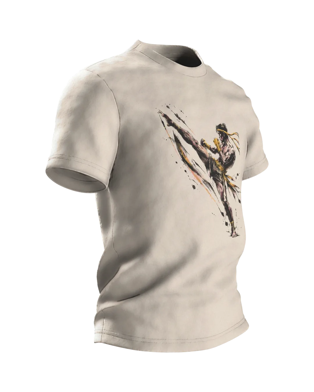 Muay Thai T-Shirt High Kick in Ink, Martial Arts Design, Side view, left