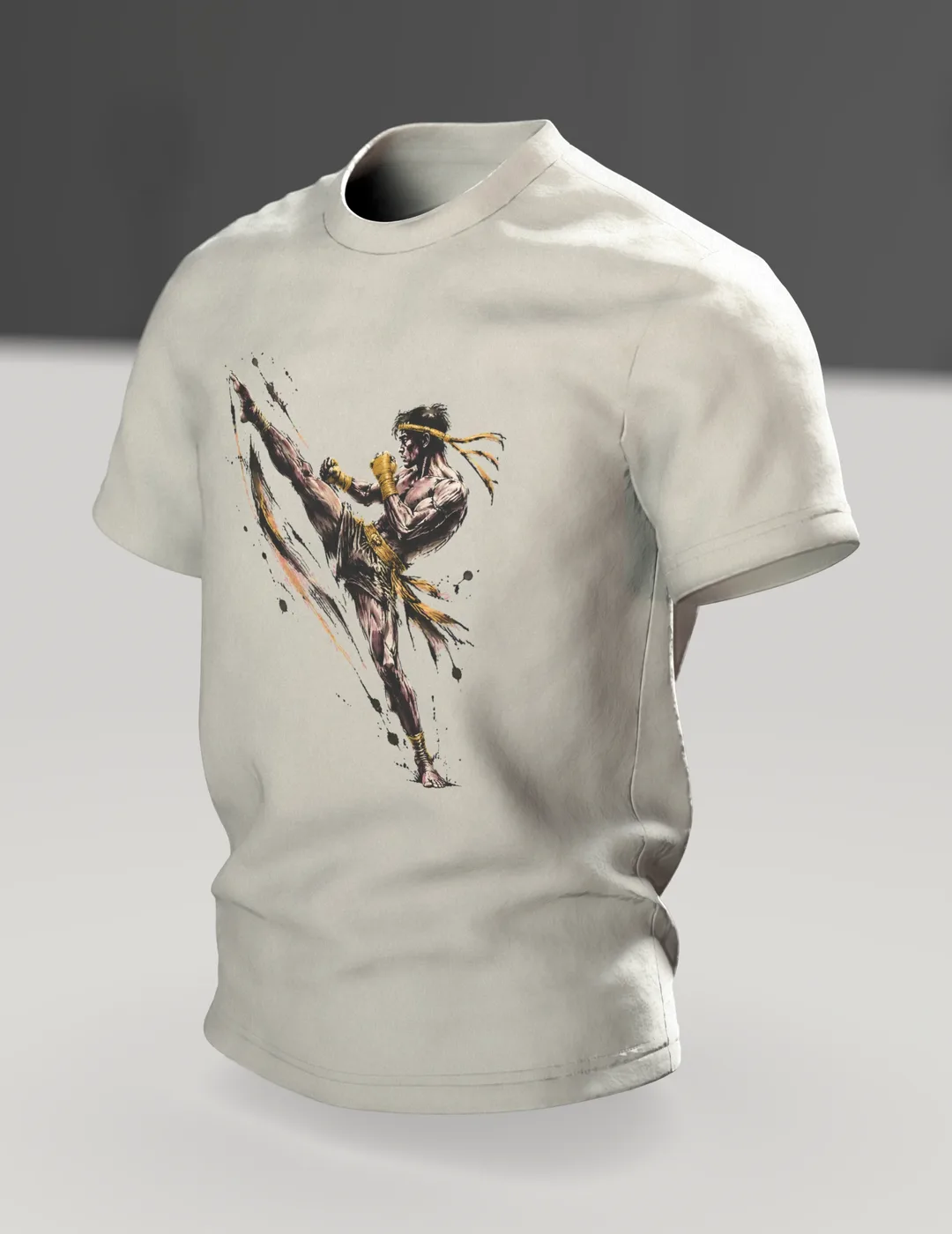 Muay Thai T-Shirt High Kick in Ink, Martial Arts Design, In context, angled