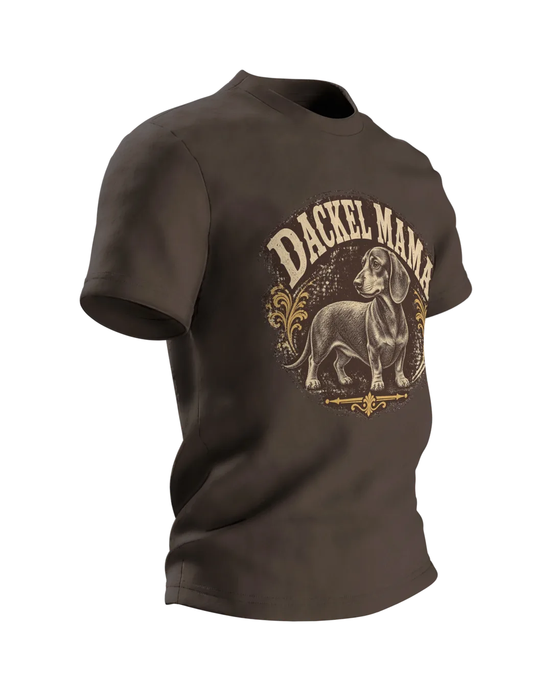 Dackel Mama T-Shirt, Vintage Gravur-Emblem im Used-Look mit Pfoten-Stempel, Seitenansicht links