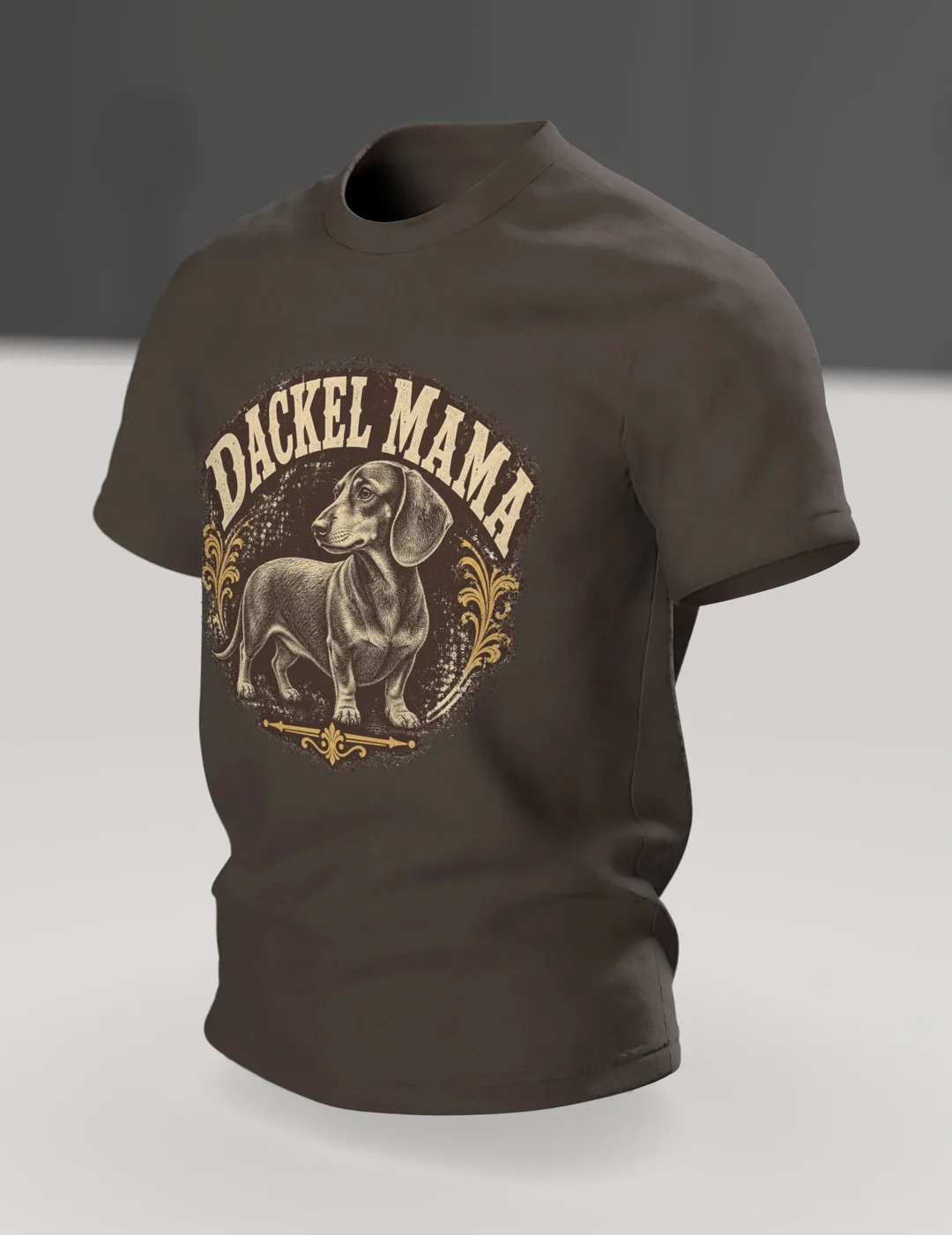 Dackel Mama T-Shirt, Vintage Gravur-Emblem im Used-Look mit Pfoten-Stempel, Im Raum, schräg