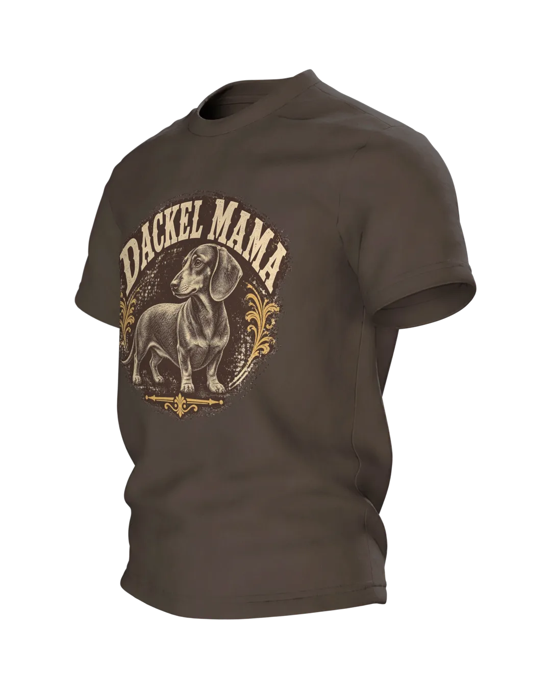 Dackel Mama T-Shirt, Vintage Gravur-Emblem im Used-Look mit Pfoten-Stempel, Seitenansicht rechts