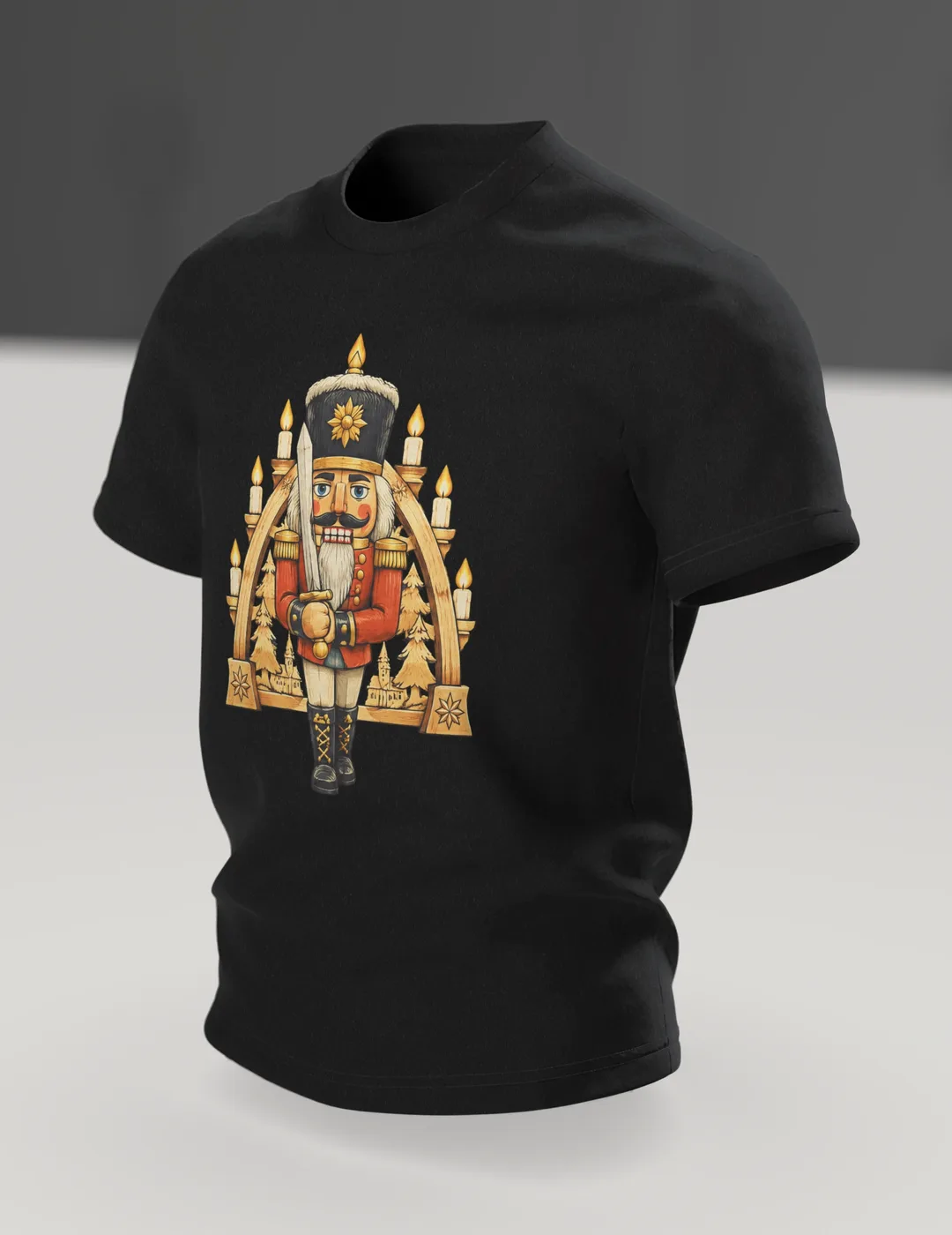 Nussknacker T-Shirt: Holzsoldat vor dem Schwibbogen, Im Raum, schräg