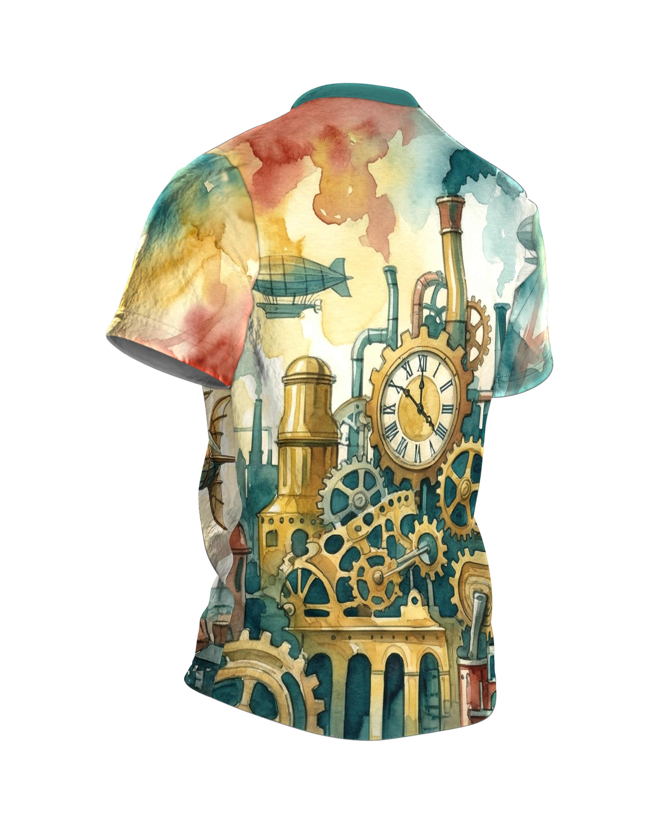 Steampunk Airship T-shirt: Clockwork Zeppelin Above the City, Back, angled right
