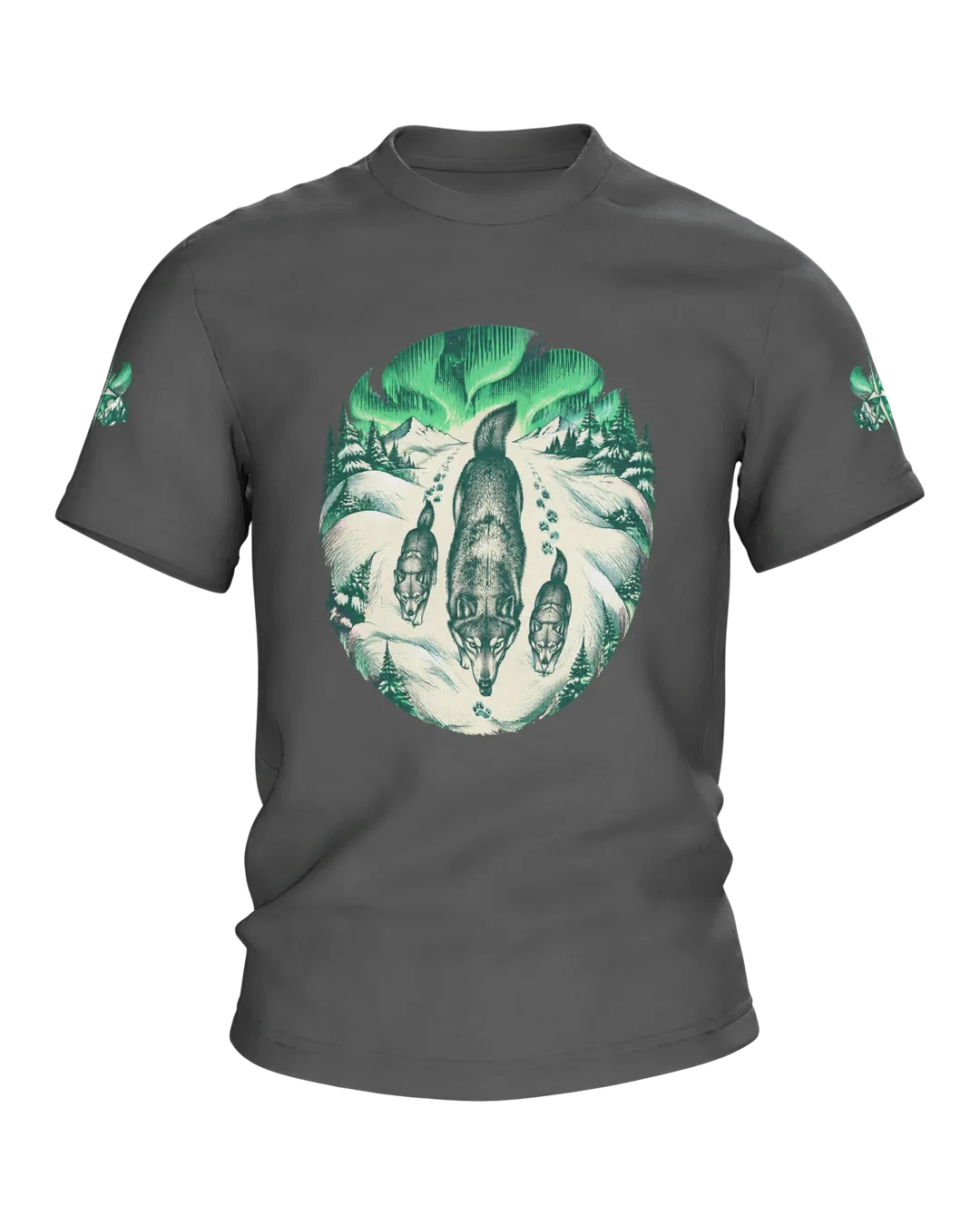 Wolf Polarlicht T-Shirt: Wolfsrudel in Gravur-Optik