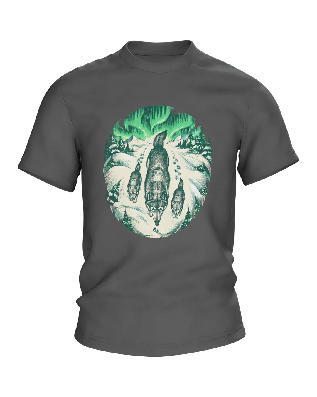 Northern Lights Wolf T-Shirt: Engraving-Style Wolf Pack