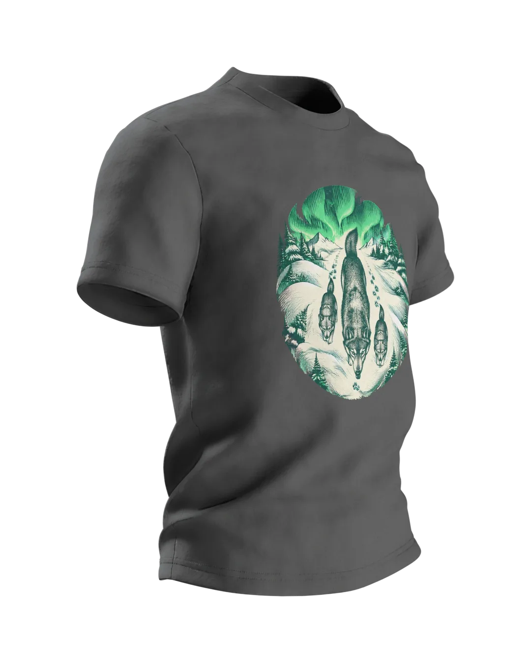 Northern Lights Wolf T-Shirt: Engraving-Style Wolf Pack, Side view, left