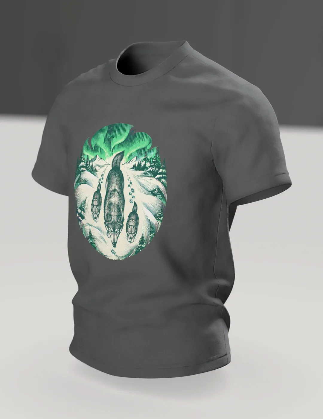 Northern Lights Wolf T-Shirt: Engraving-Style Wolf Pack, In context, angled