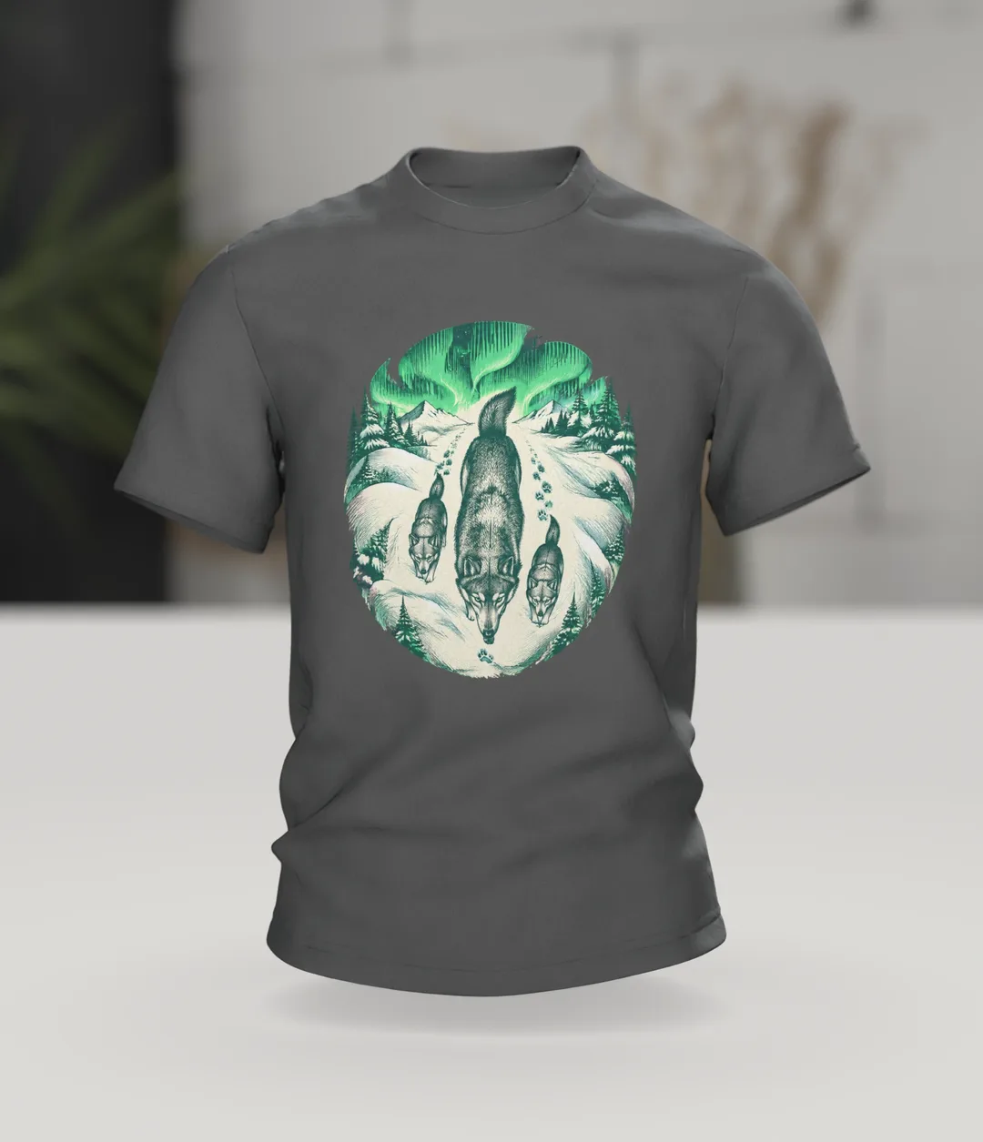 Northern Lights Wolf T-Shirt: Engraving-Style Wolf Pack, In context