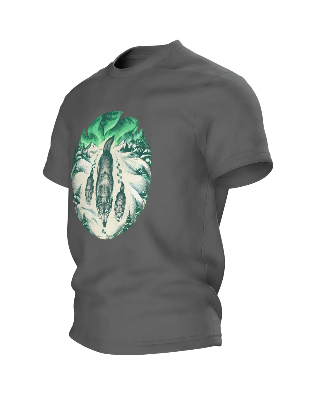 Northern Lights Wolf T-Shirt: Engraving-Style Wolf Pack, Side view, right