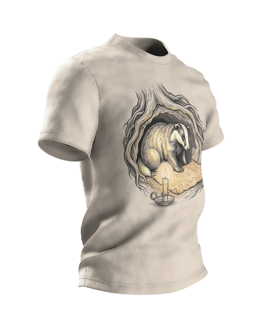 Dachs T-Shirt Erdbau Kerzenschein Schatzkarte Bilderbuch Illustration, Seitenansicht links