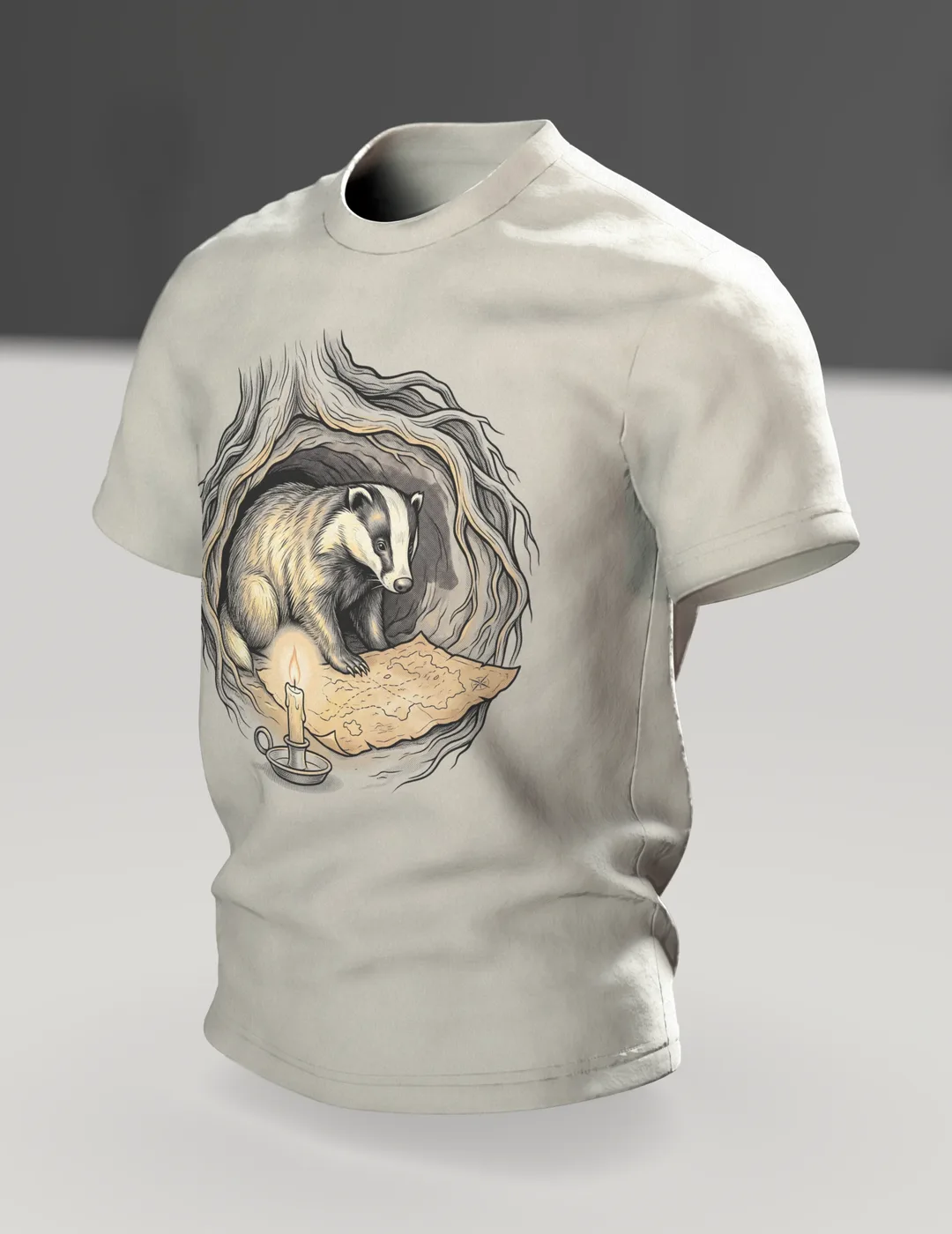 Dachs T-Shirt Erdbau Kerzenschein Schatzkarte Bilderbuch Illustration, Im Raum, schräg