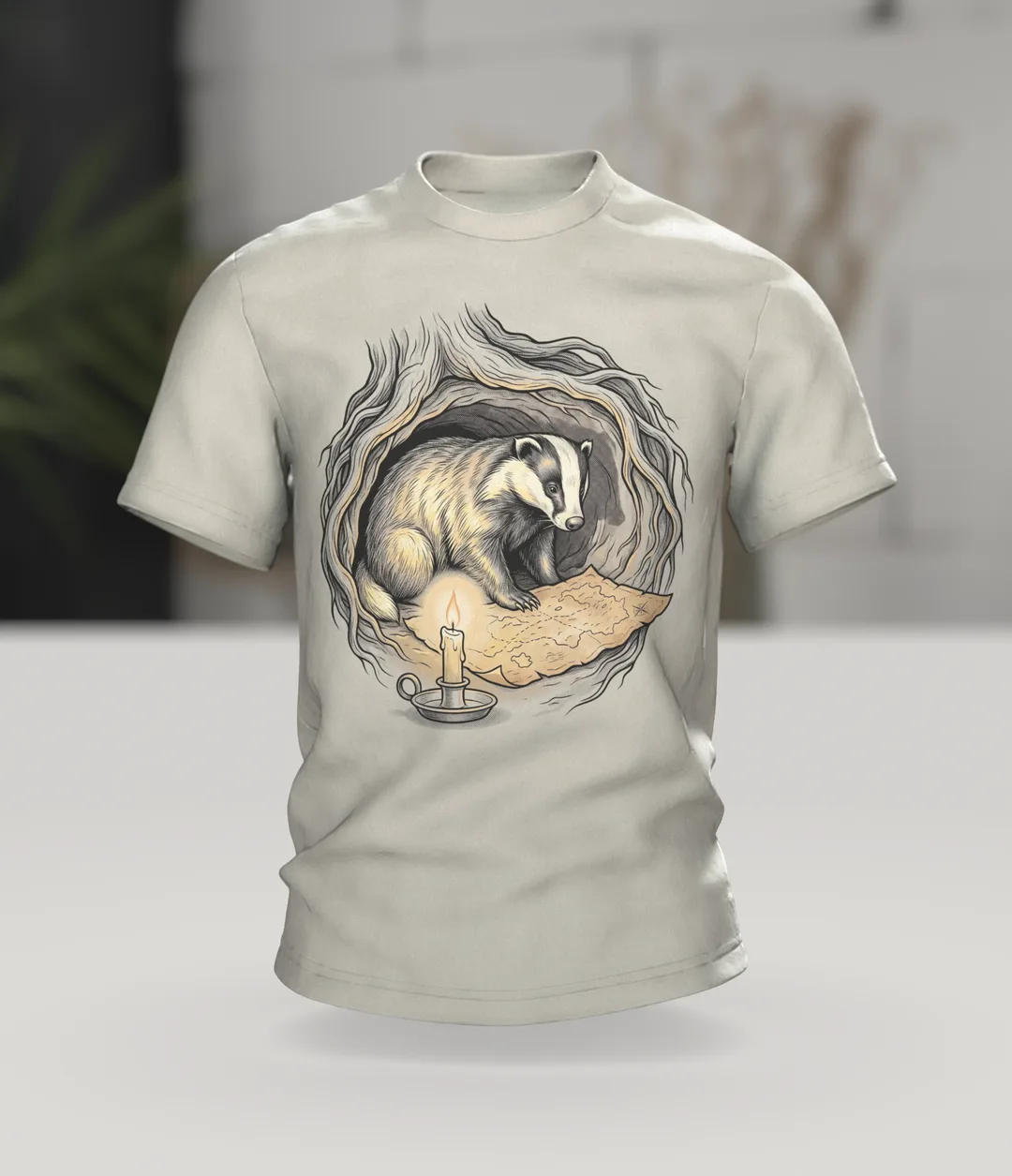 Dachs T-Shirt Erdbau Kerzenschein Schatzkarte Bilderbuch Illustration, Im Raum