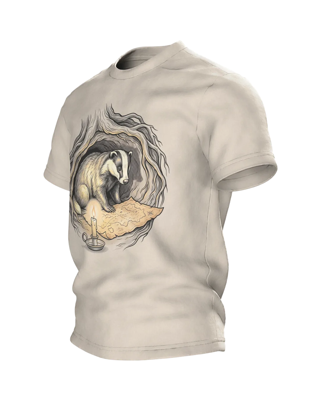 Dachs T-Shirt Erdbau Kerzenschein Schatzkarte Bilderbuch Illustration, Seitenansicht rechts