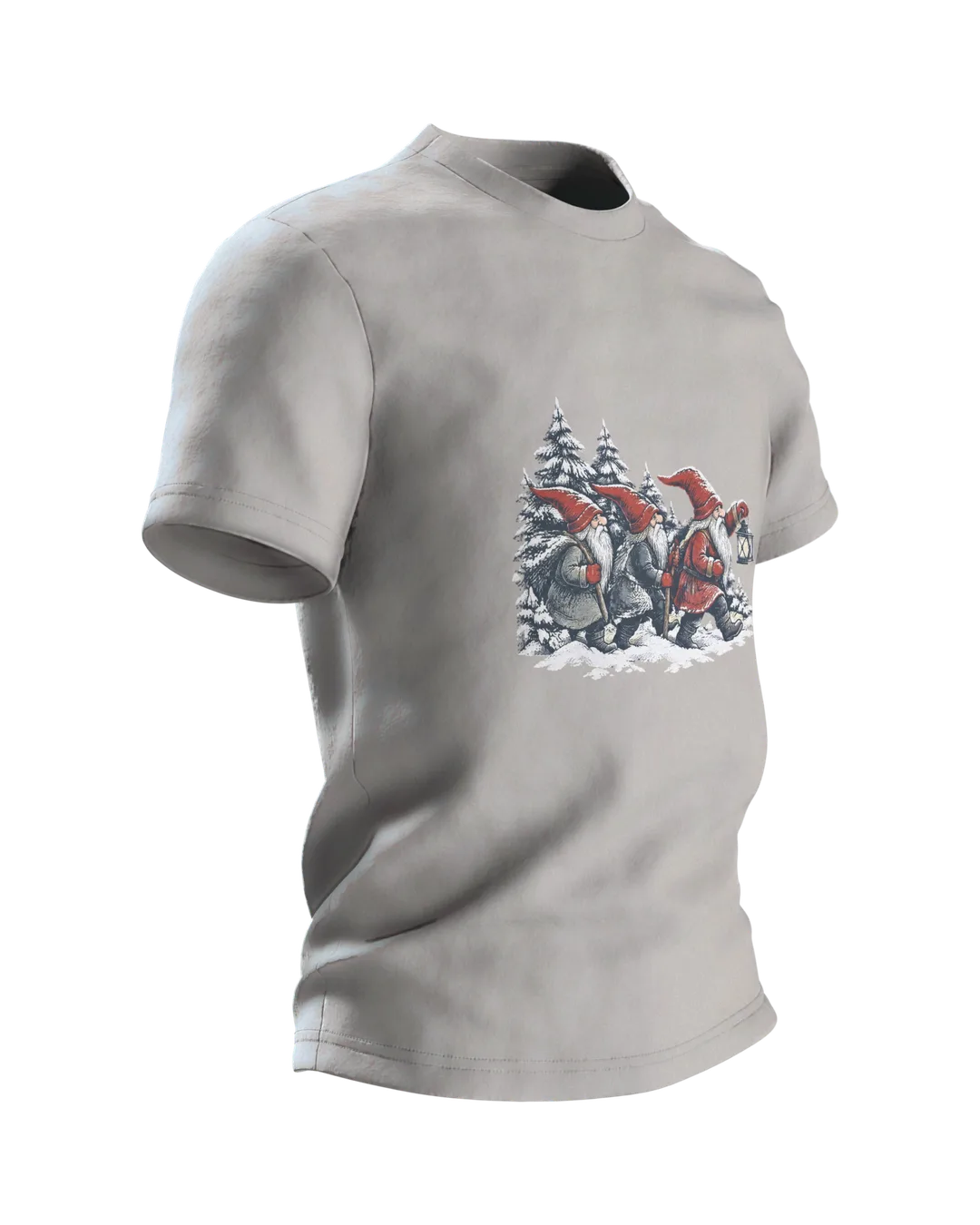 Scandinavian Gnome T-Shirt: Three Gnomes with a Lantern, Side view, left