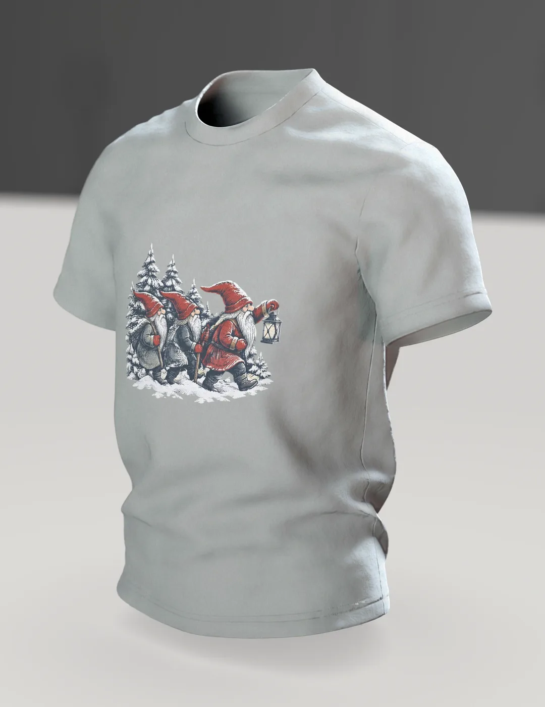 Scandinavian Gnome T-Shirt: Three Gnomes with a Lantern, In context, angled