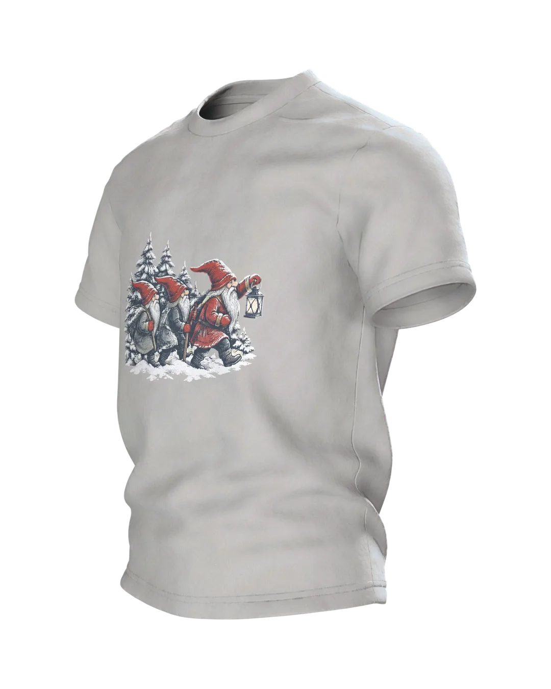 Scandinavian Gnome T-Shirt: Three Gnomes with a Lantern, Side view, right