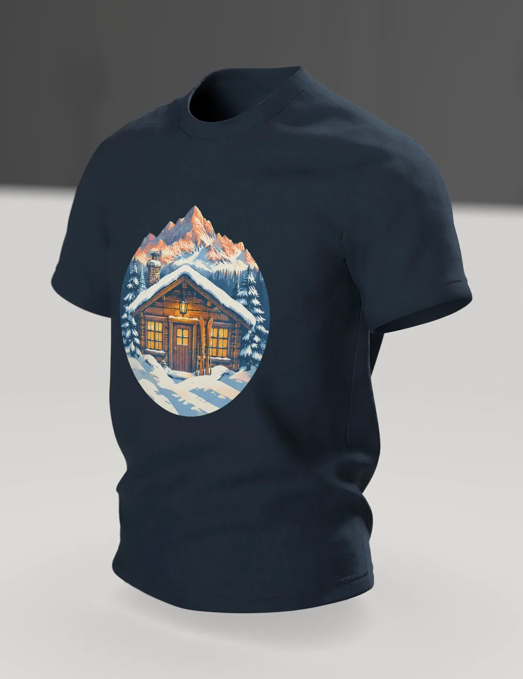 Ski T-Shirt: Skihütte im Alpenglühen, Retro, Im Raum, schräg