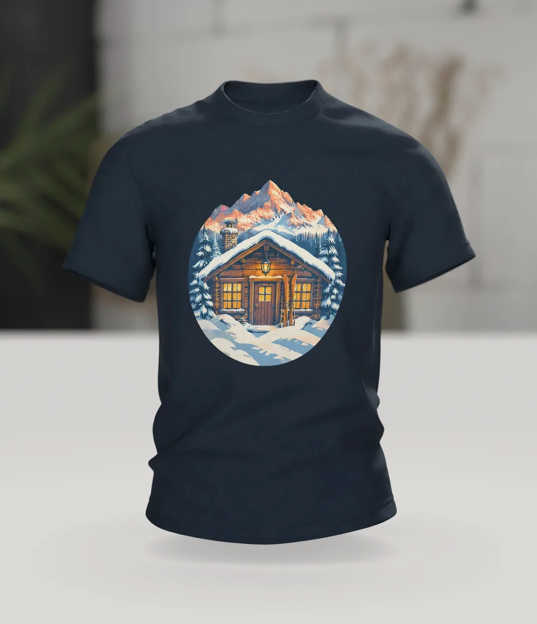 Ski T-Shirt: Skihütte im Alpenglühen, Retro, Im Raum
