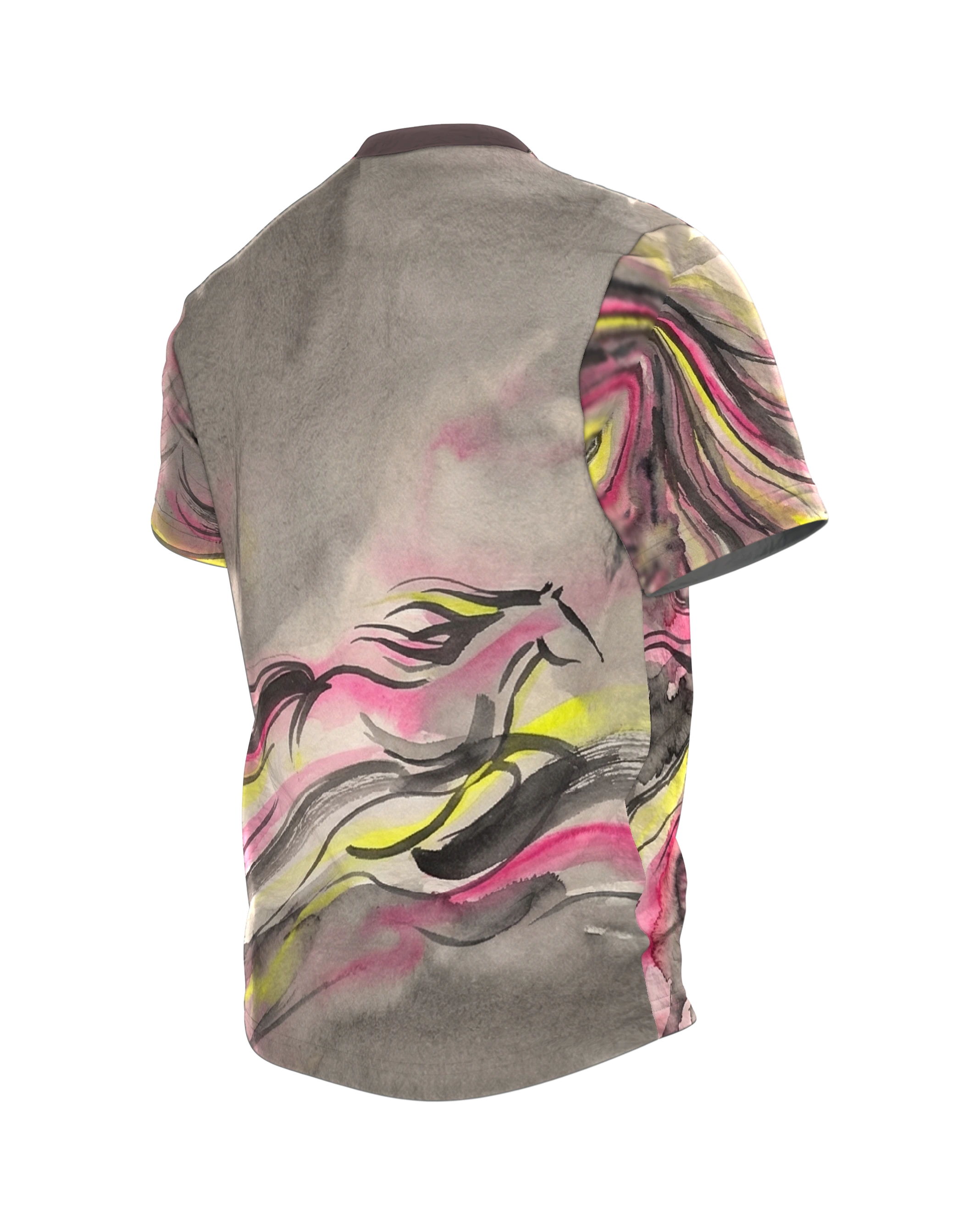 Galloping Horse T-shirt: Ink Storm in Pink and Gray, Back, angled left