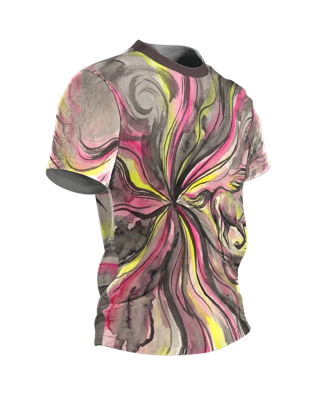Galloping Horse T-shirt: Ink Storm in Pink and Gray, Side view, left