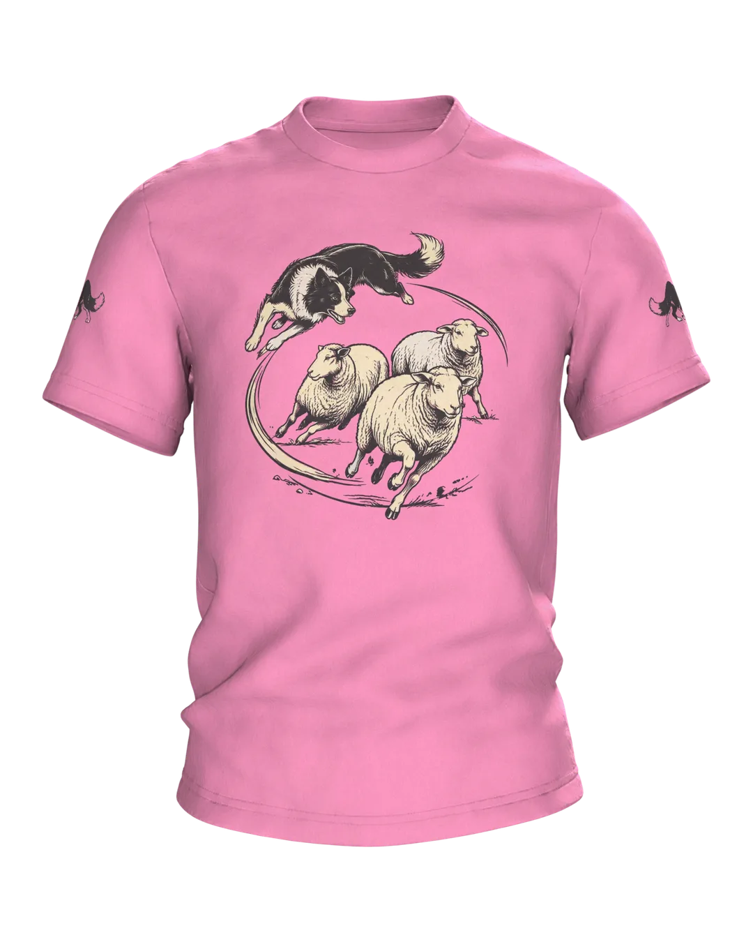 Border Collie Shirt: Collie Leaping Over Sheep on Front, Resting Flock by Wooden Fence on Back, Woodcut Style