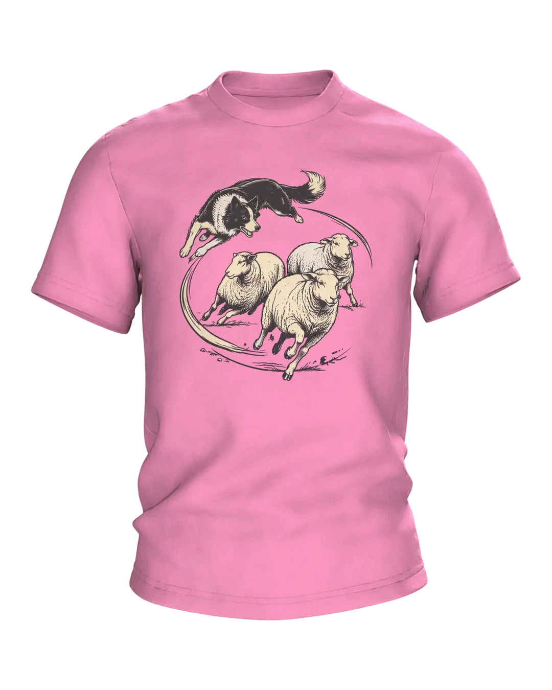Border Collie Shirt: Collie Leaping Over Sheep on Front, Resting Flock by Wooden Fence on Back, Woodcut Style