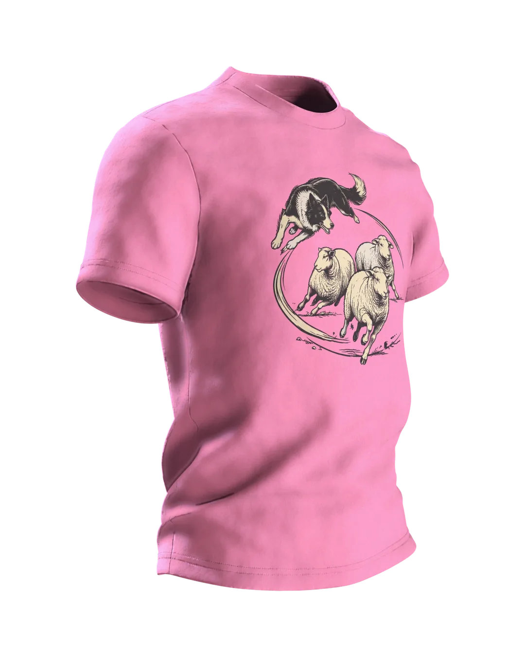 Border Collie Shirt: Collie Leaping Over Sheep on Front, Resting Flock by Wooden Fence on Back, Woodcut Style, Side view, left