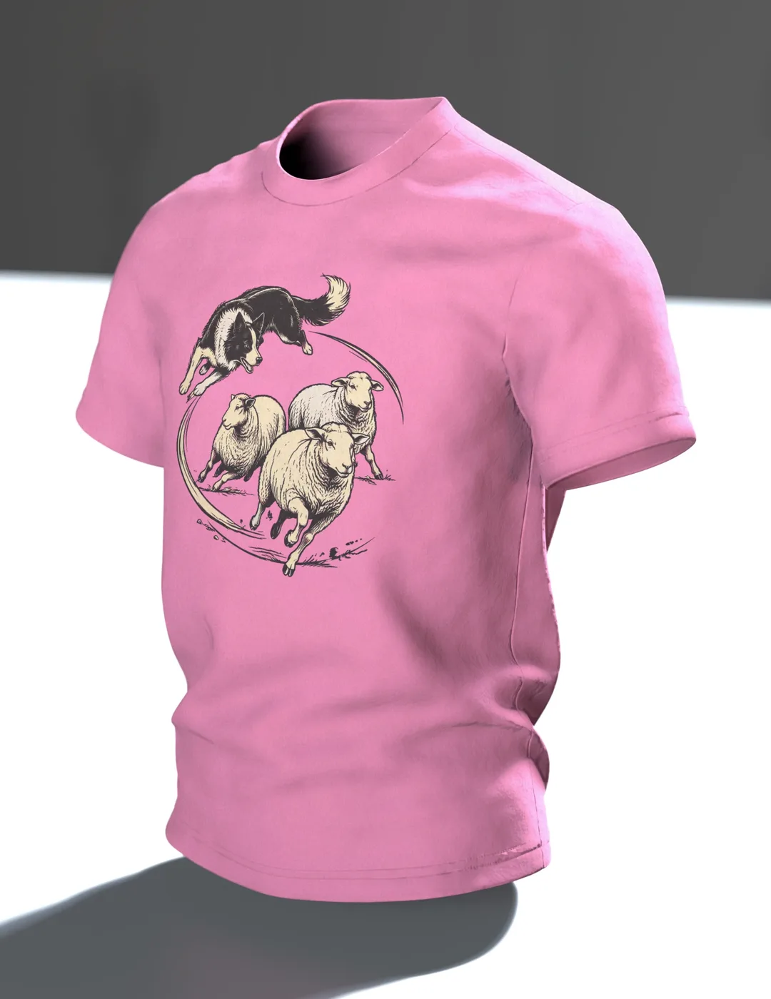 Border Collie Shirt: Collie Leaping Over Sheep on Front, Resting Flock by Wooden Fence on Back, Woodcut Style, In context, angled
