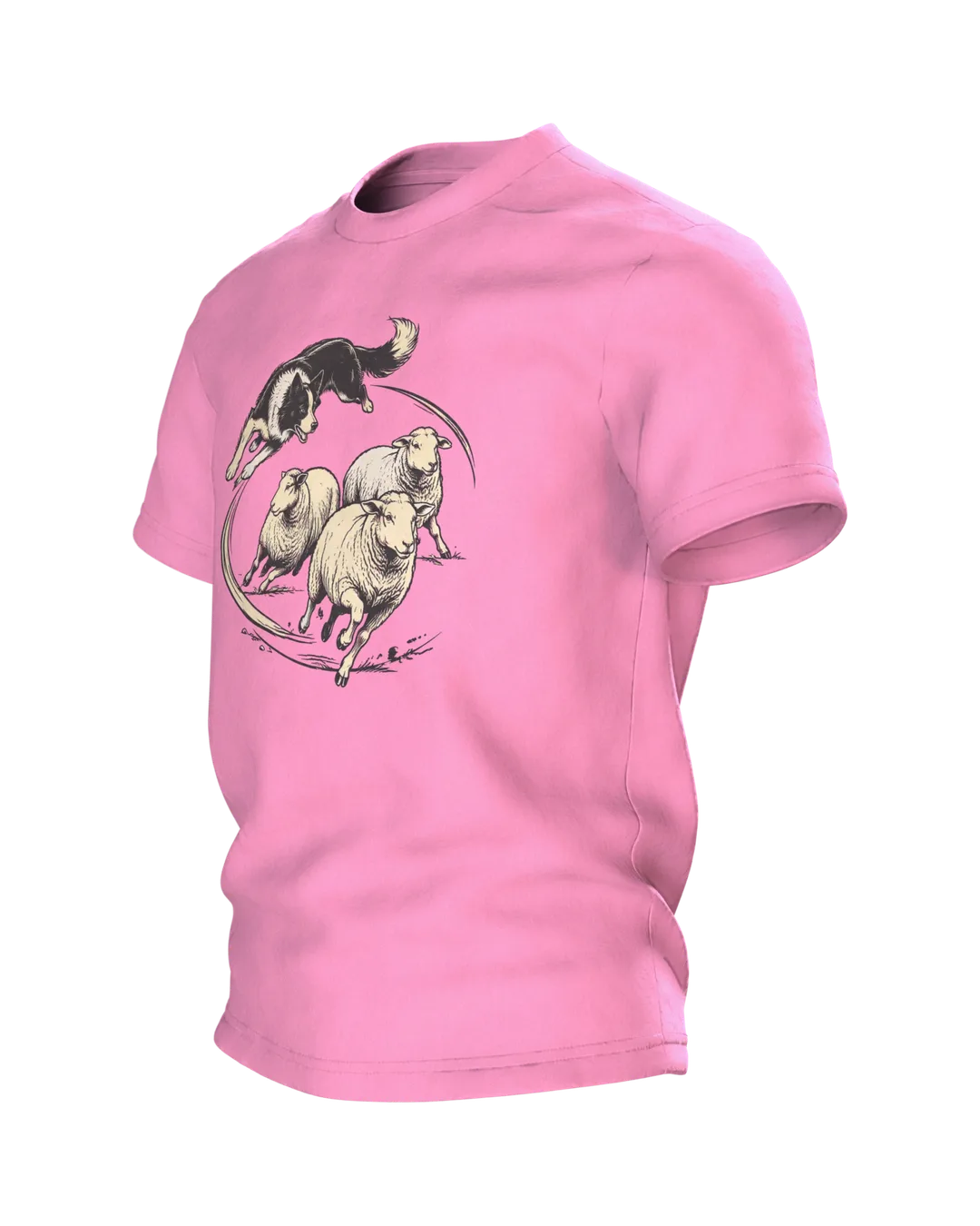 Border Collie Shirt: Collie Leaping Over Sheep on Front, Resting Flock by Wooden Fence on Back, Woodcut Style, Side view, right