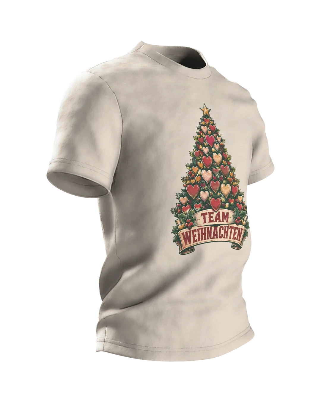 Herz Tannenbaum T-Shirt „TEAM WEIHNACHTEN“ Vintage Weihnachtsshirt Familie, Schlitten auf dem Rücken, Partnerlook Damen Herren, Seitenansicht links