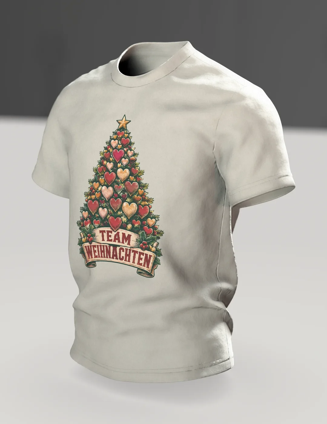 Herz Tannenbaum T-Shirt „TEAM WEIHNACHTEN“ Vintage Weihnachtsshirt Familie, Schlitten auf dem Rücken, Partnerlook Damen Herren, Im Raum, schräg