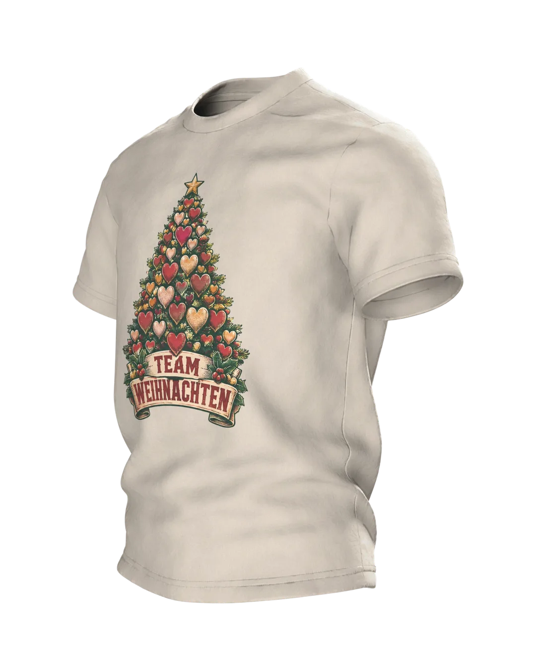 Herz Tannenbaum T-Shirt „TEAM WEIHNACHTEN“ Vintage Weihnachtsshirt Familie, Schlitten auf dem Rücken, Partnerlook Damen Herren, Seitenansicht rechts