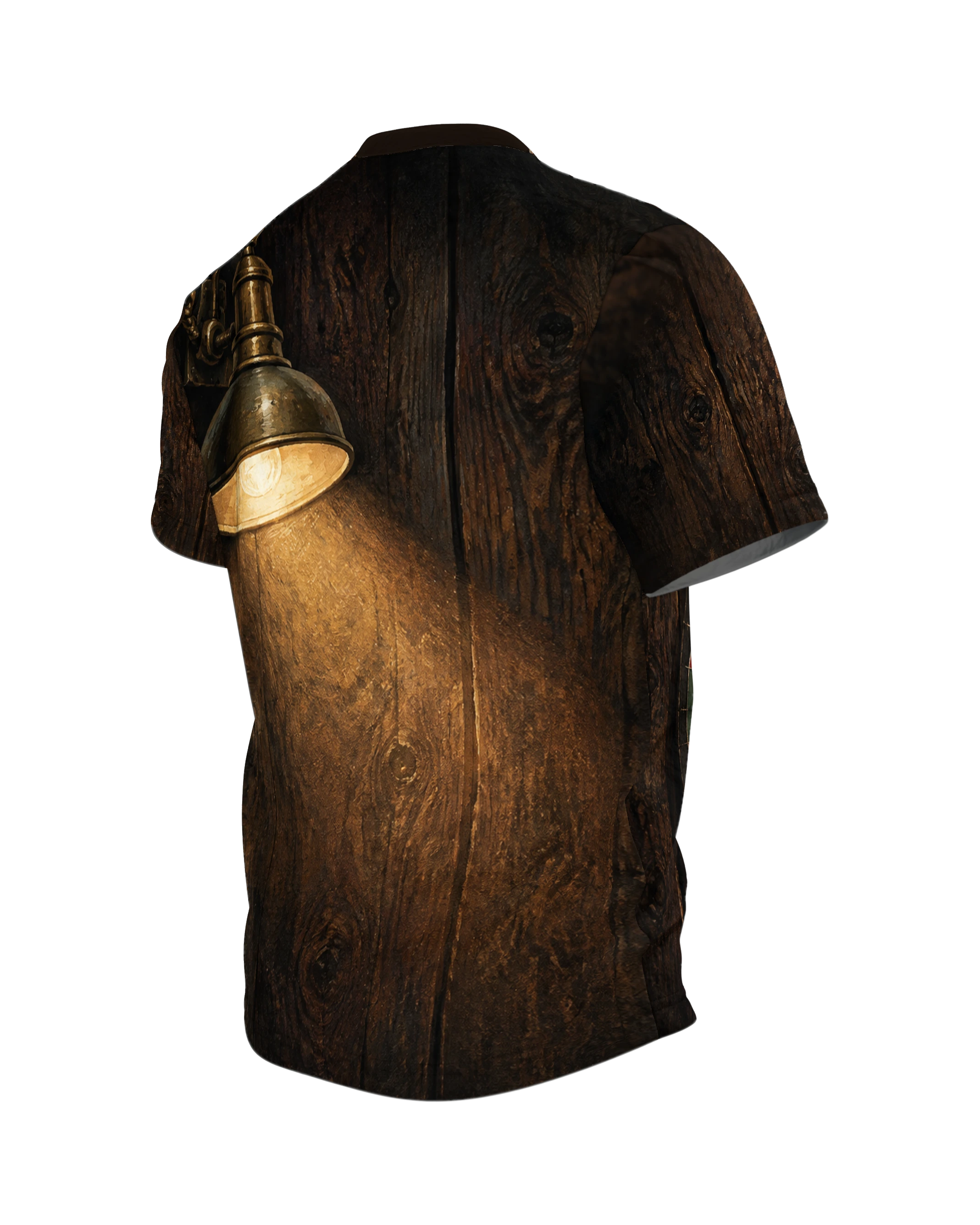 Dartscheibe & Pub Lampe Rundum-Shirt: Nostalgisches Kneipen-Design, Rückseite schräg links