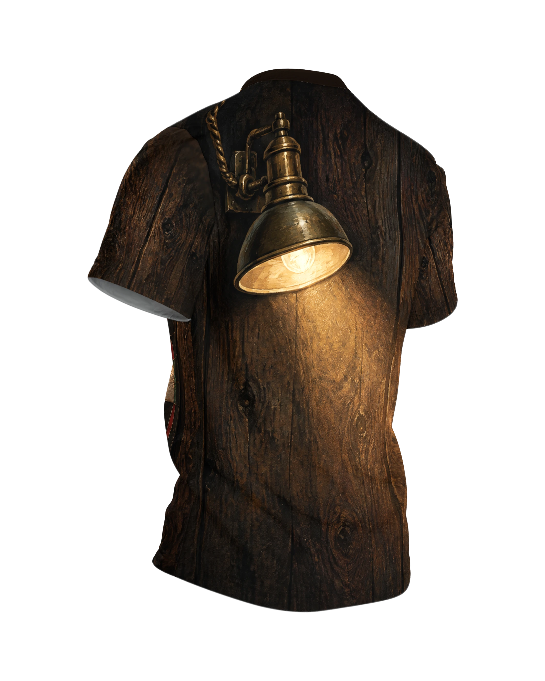 Dartscheibe & Pub Lampe Rundum-Shirt: Nostalgisches Kneipen-Design, Rückseite schräg rechts