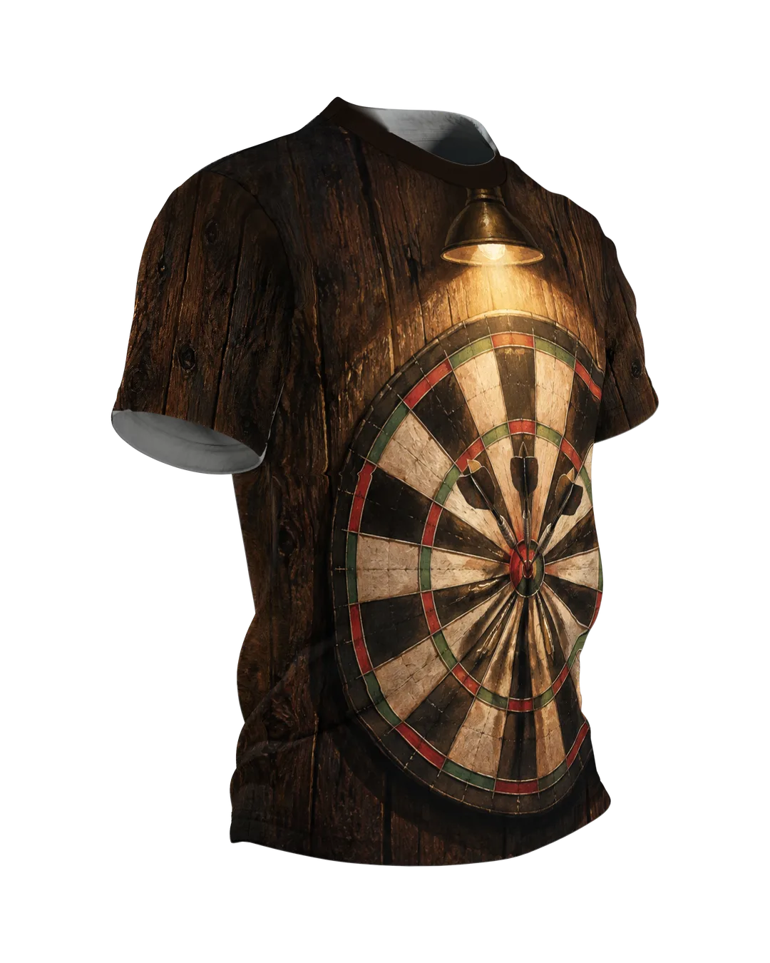 Dartscheibe & Pub Lampe Rundum-Shirt: Nostalgisches Kneipen-Design, Seitenansicht links