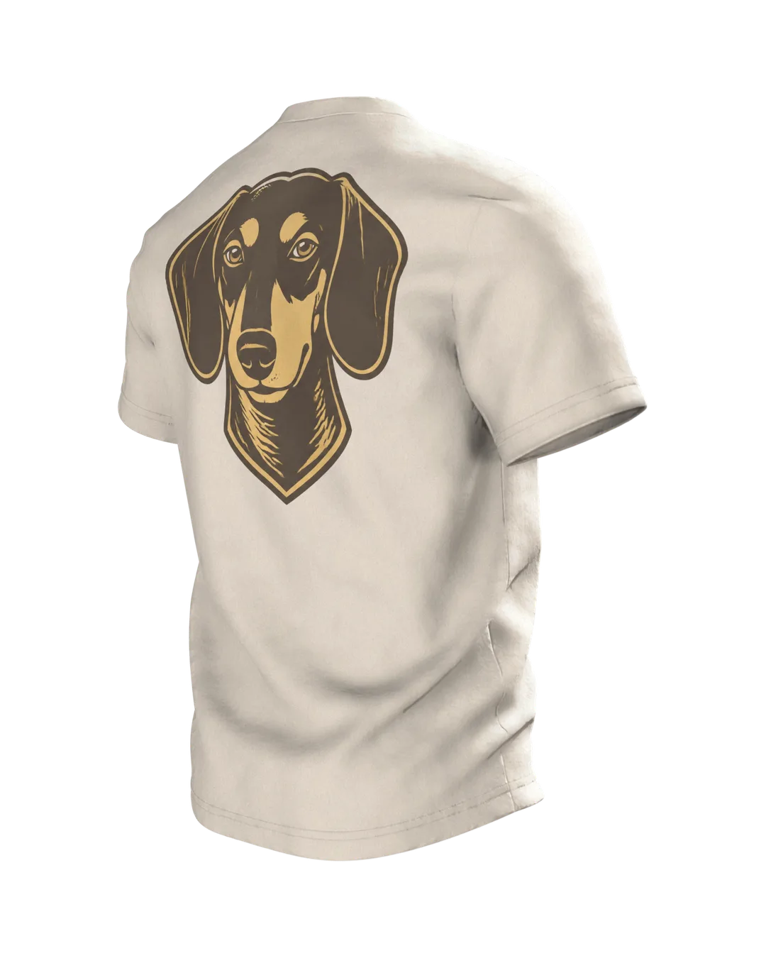 Hunde Spruch T-Shirt: „Ich brauche keinen Therapeuten, ich habe einen Hund“, Dackel im Retro-Schriftbild, hinten Dackelkopf, Rückseite schräg links