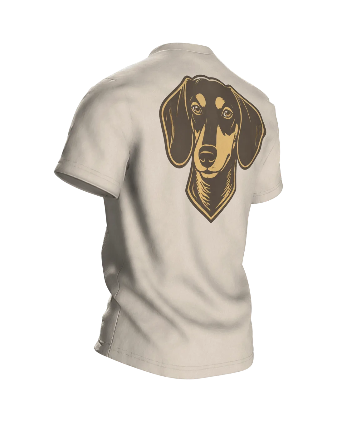 Hunde Spruch T-Shirt: „Ich brauche keinen Therapeuten, ich habe einen Hund“, Dackel im Retro-Schriftbild, hinten Dackelkopf, Rückseite schräg rechts
