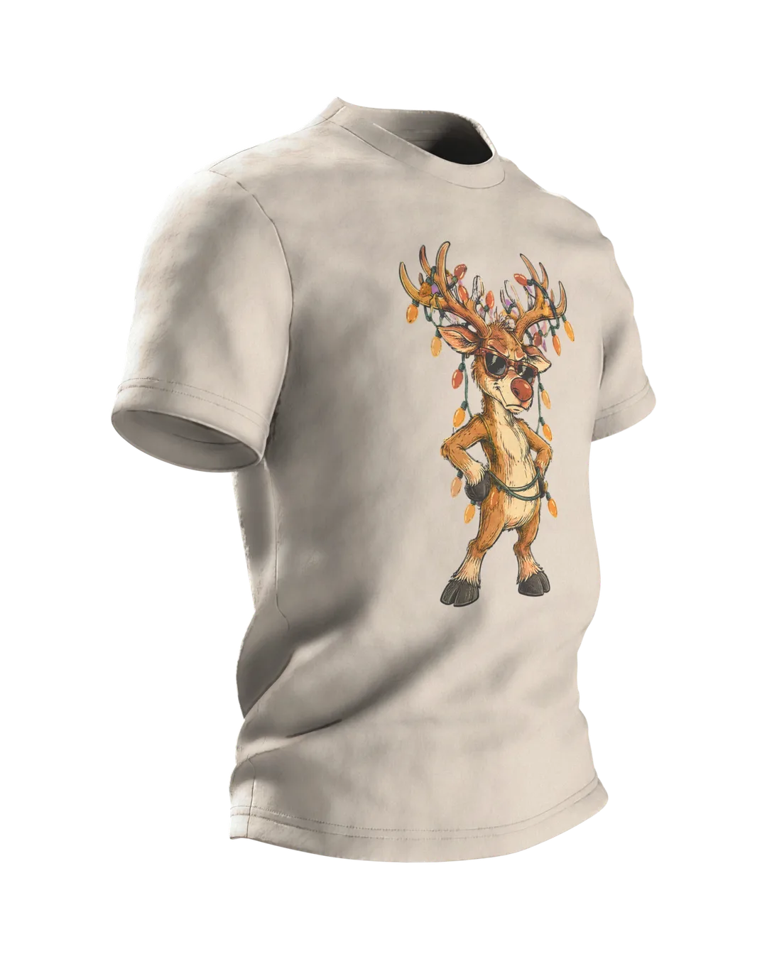 Rentier mit Sonnenbrille T-Shirt: grimmig, Lichterkette im Geweih, Retro Comic, lustig zu Weihnachten, Herren und Damen, Seitenansicht links