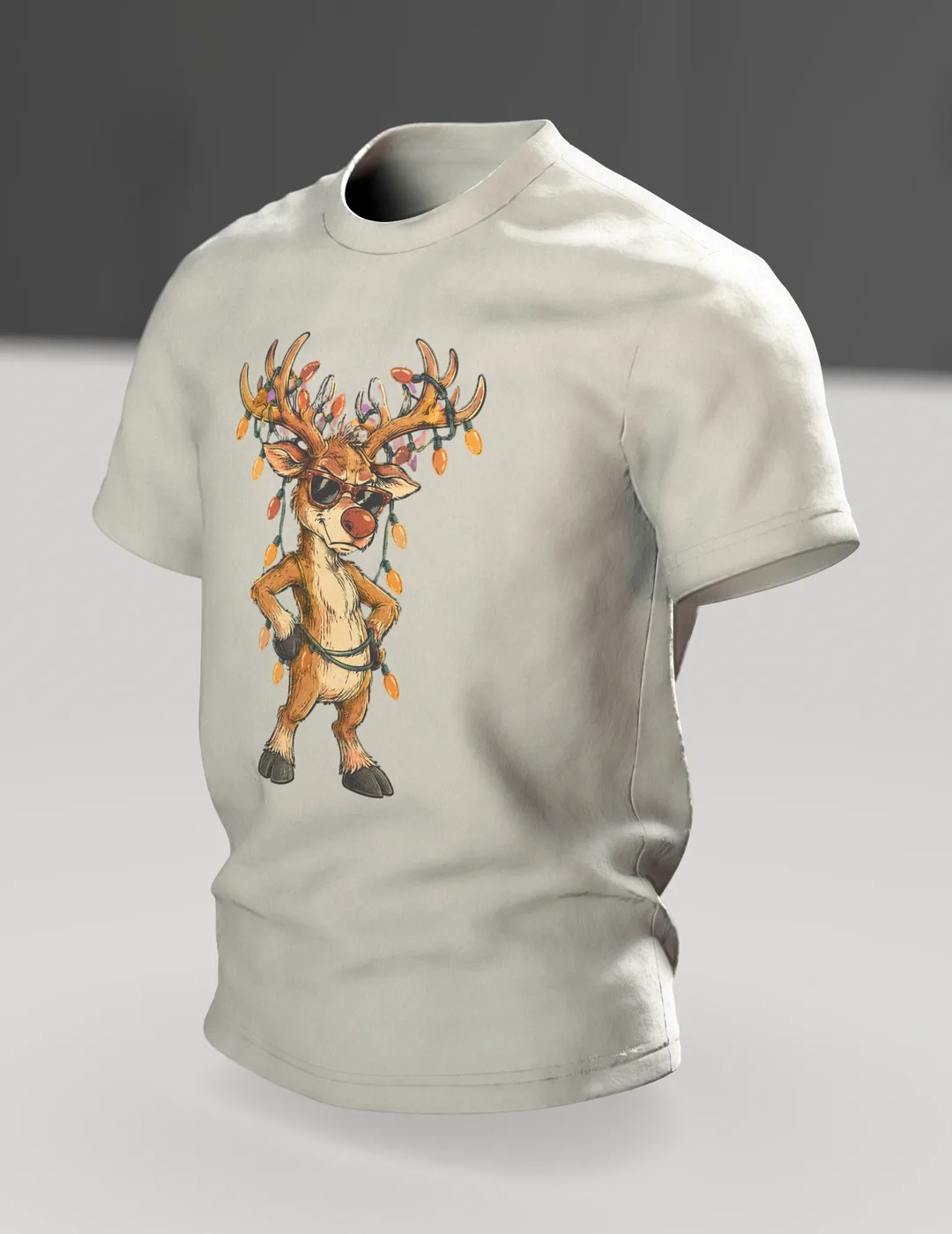 Rentier mit Sonnenbrille T-Shirt: grimmig, Lichterkette im Geweih, Retro Comic, lustig zu Weihnachten, Herren und Damen, Im Raum, schräg