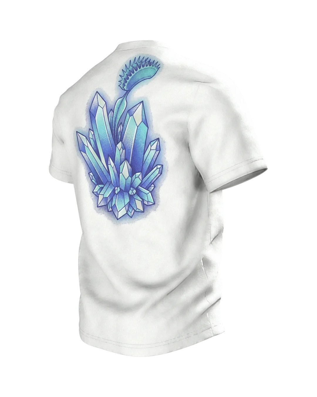 Venus Flytrap Crystal T-shirt, Dotwork Carnivore with Ice Teeth and a Mineral Bed, Back, angled left