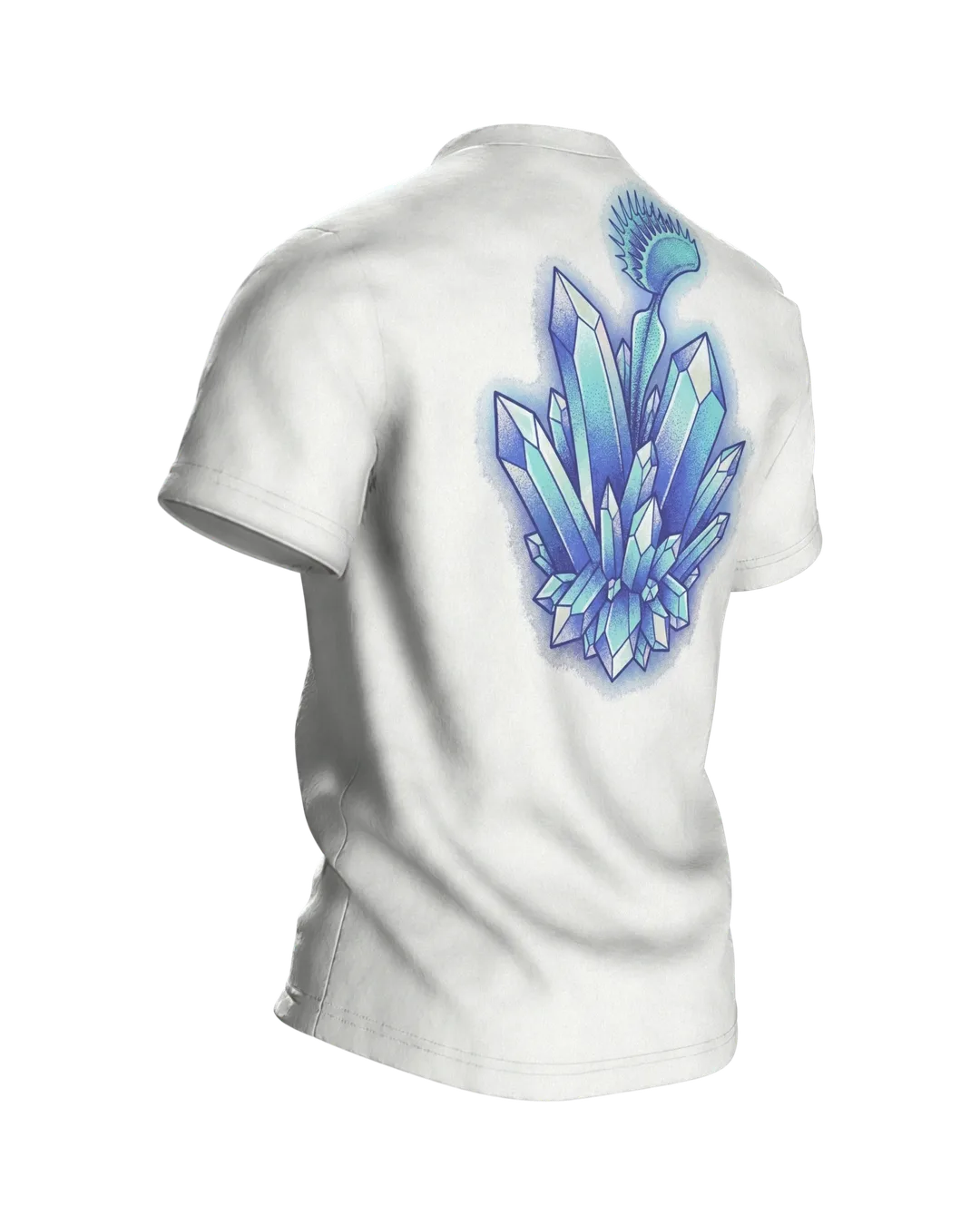 Venus Flytrap Crystal T-shirt, Dotwork Carnivore with Ice Teeth and a Mineral Bed, Back, angled right
