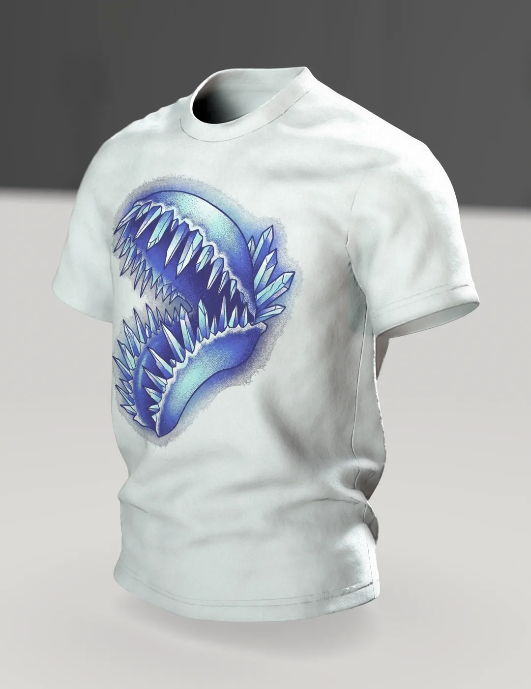Venus Flytrap Crystal T-shirt, Dotwork Carnivore with Ice Teeth and a Mineral Bed, In context, angled