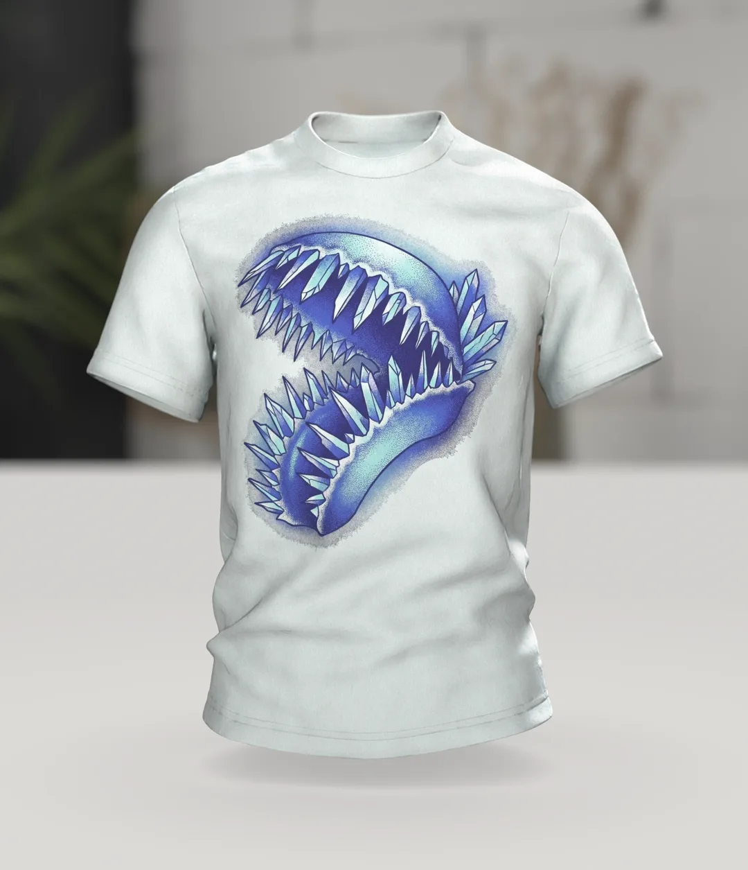 Venus Flytrap Crystal T-shirt, Dotwork Carnivore with Ice Teeth and a Mineral Bed, In context