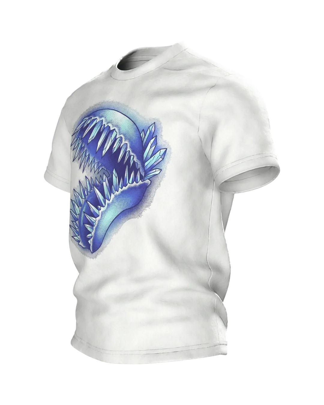 Venus Flytrap Crystal T-shirt, Dotwork Carnivore with Ice Teeth and a Mineral Bed, Side view, right