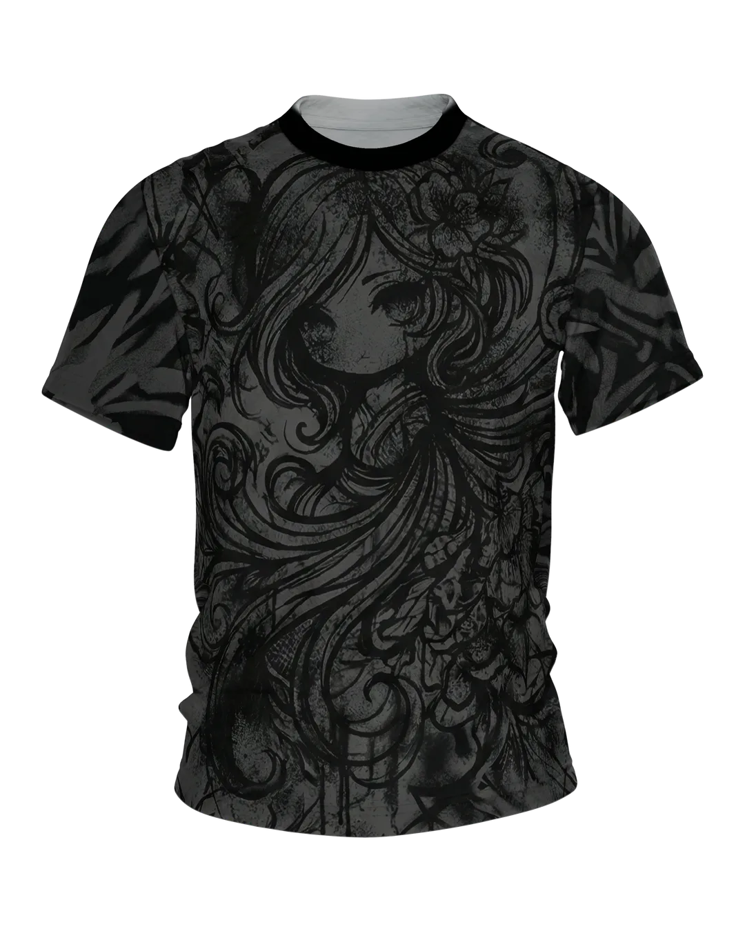 Dark Chibi T-shirt, Anime Girl in Flourished Ink, Tone on Tone on the Front, Clear Drawing on the Back