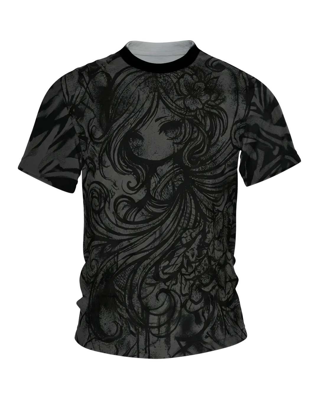 Dark Chibi T-Shirt, Anime-Mädchen in Schnörkel-Tinte, Ton-in-Ton vorn, klare Zeichnung am Rücken