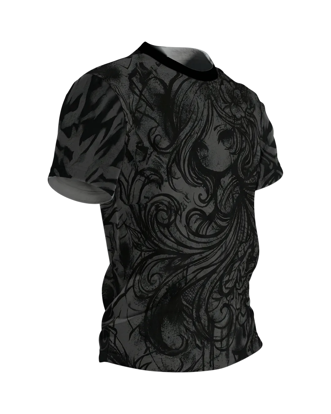 Dark Chibi T-shirt, Anime Girl in Flourished Ink, Tone on Tone on the Front, Clear Drawing on the Back, Side view, left