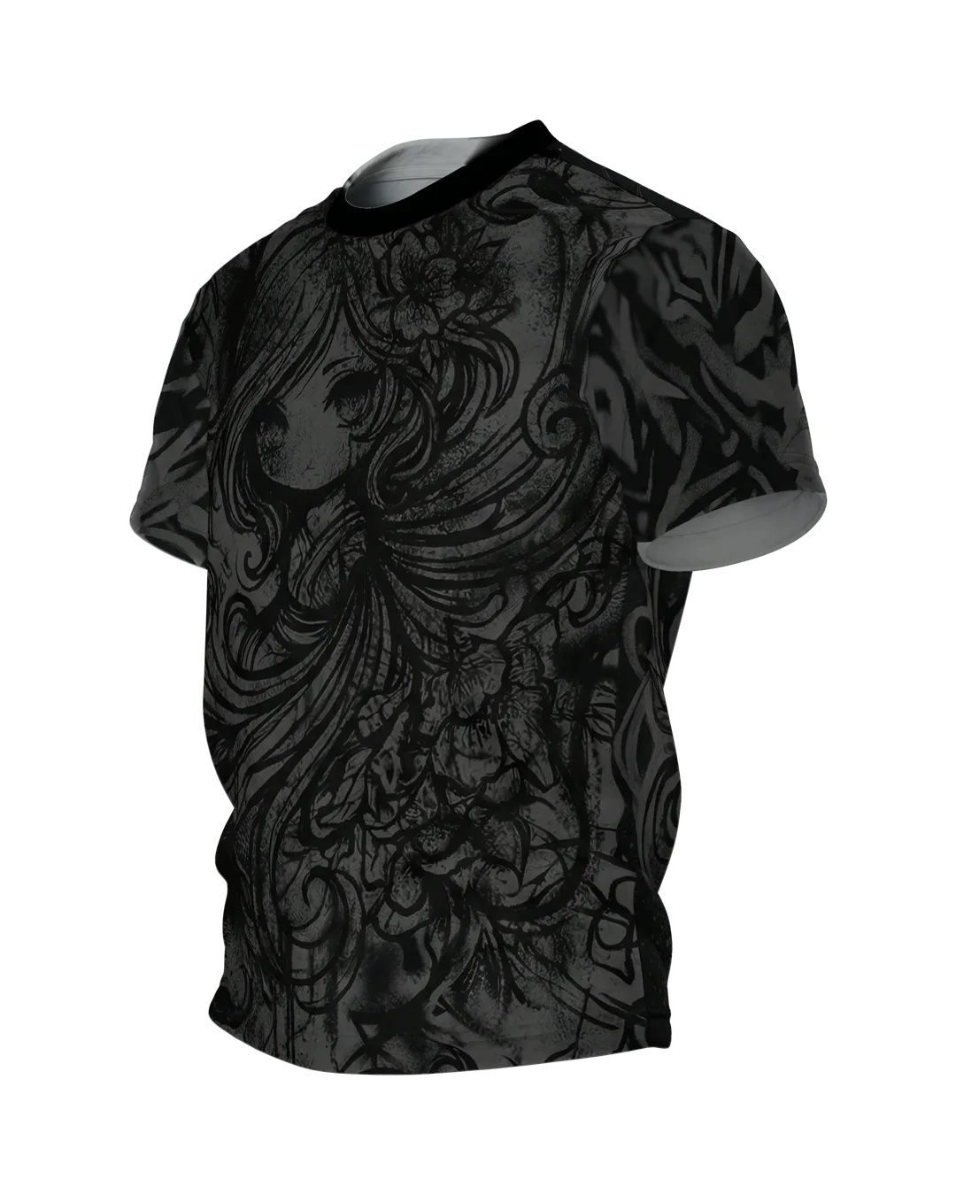 Dark Chibi T-shirt, Anime Girl in Flourished Ink, Tone on Tone on the Front, Clear Drawing on the Back, Side view, right