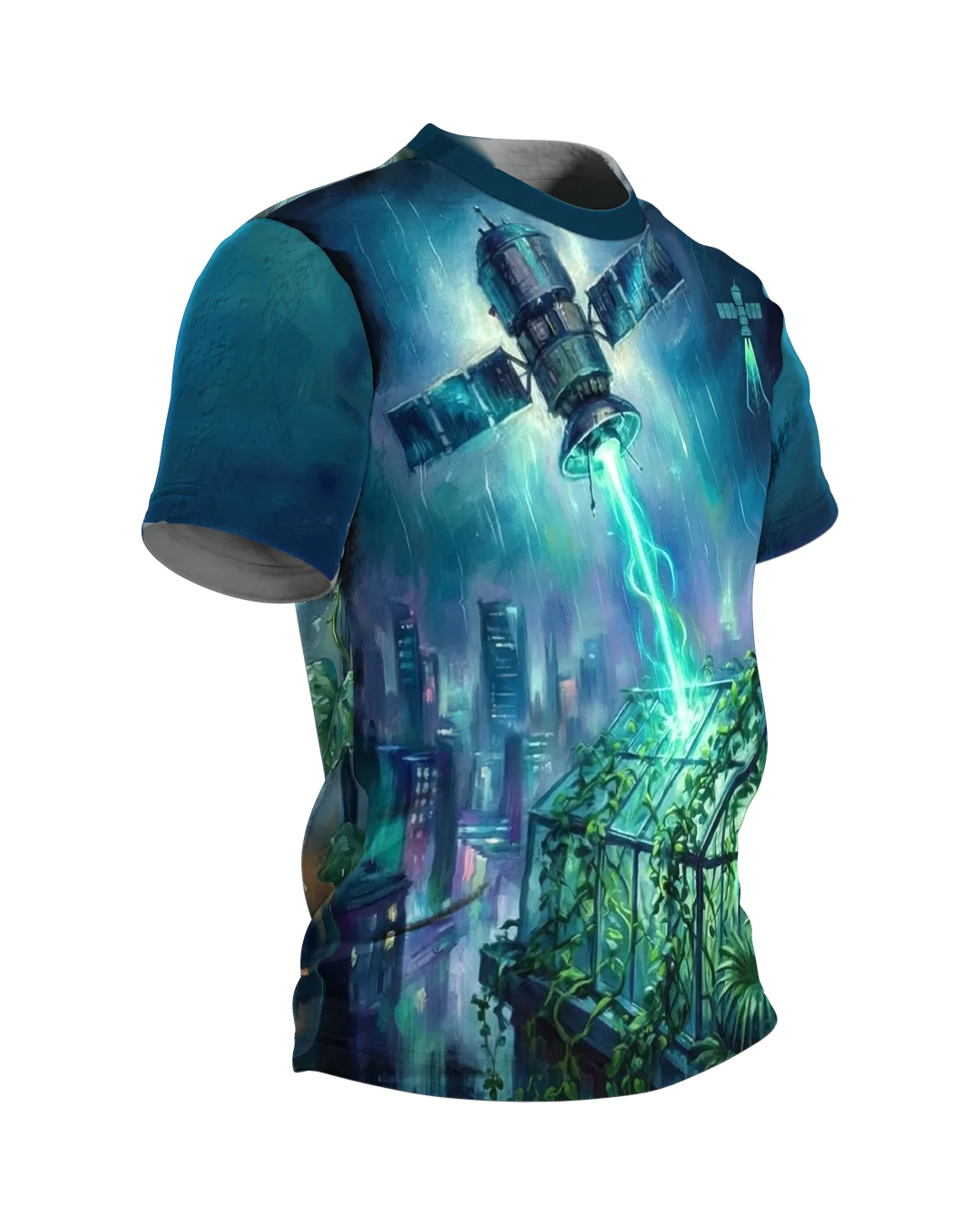 Satellit Gewächshaus T-Shirt: Lichtband über dem Glashaus, Seitenansicht links