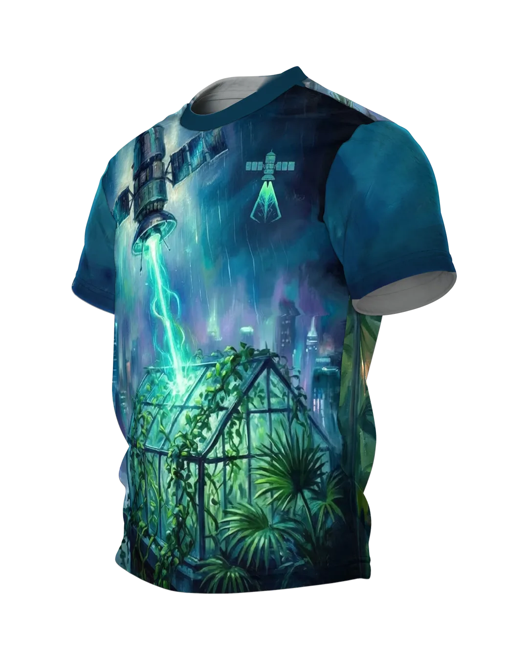 Satellit Gewächshaus T-Shirt: Lichtband über dem Glashaus, Seitenansicht rechts